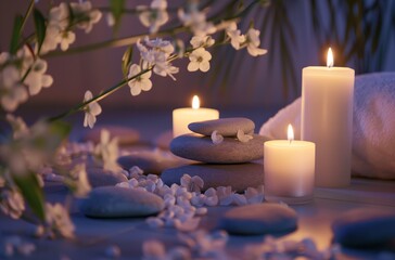 A serene spa setting with candles, smooth stones and soft lighting for relaxation and meditation