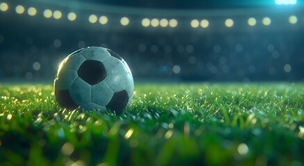 A soccer ball on the grass of an illuminated stadium