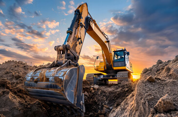 A yellow excavator is digging in the ground, with a background of dirt and sky at sunset