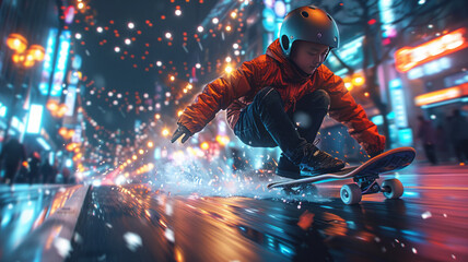 A 10 year old Chinese teenager, fast skateboarding on the street, cyberpunk style, night, light, speed, lines, neon,generative ai