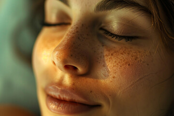 Photo of a Woman receiving a facial massage in a spa salon, her eyes closed and a relaxed expression on her face. Closeup portrait of a beautiful woman getting her head massaged at a beauty center