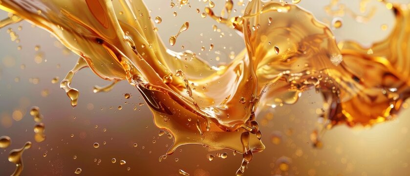 A 3D abstract liquid splash of honey, oil, tea, juice, syrup, caramel, and syrup.