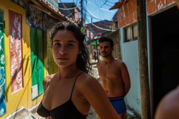 Brazilian woman in a black tank top stands in front of a building with a man standing behind her.