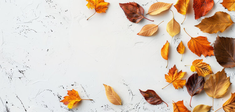 Colourful autumn leaves framing a white background.