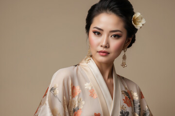 Klassische Schönheit: Japanische Frau im Kimono mit perfektem Makeup - obrazy, fototapety, plakaty