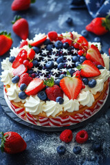 A pie or cake with a stars and stripes American flag design, topped with strawberries, blueberries and whipped cream. Independence Day. Copy space