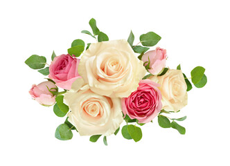 Pink and white rose flowers with eucalyptus leaves in floral arrangement isolated on white or...