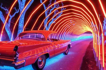 Fotobehang Neon Nostalgia: Classic Car on a Futuristic Light Trail © Nino Lavrenkova