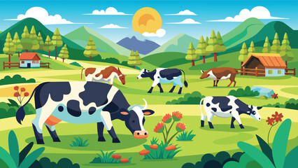 Idyllic farm scenery with grazing cows, Pastoral landscape vector cartoon illustration.
