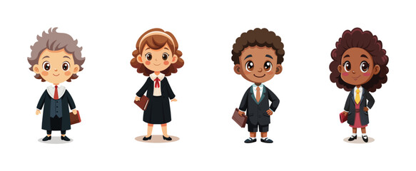Kids role-playing as judges and lawyers, courtroom vector cartoon illustration. Aspiring young legal minds, children in gowns hold law books.