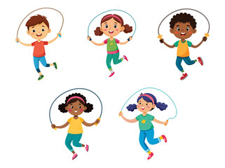 Kids show off their jumping rope skills, healthy activity in playful colors, vector cartoon illustration. Five diverse children enjoying fun exercise routine.