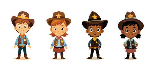 Smiling kids role-playing as sheriffs with star badges, vector cartoon illustration.