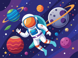 Fototapeta premium Astronaut floating in space with planets vector cartoon illustration.