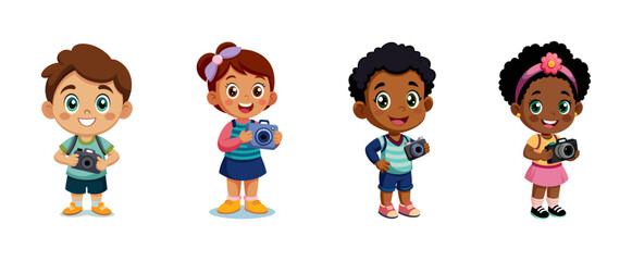 Photographers children with cameras ready for a shot vector cartoon illustration. Young kids explore photography.