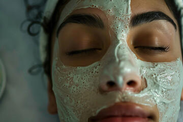 A beautiful woman in her late twenties receiving a facial treatment with a sheet mask on at the spa salon. The photo features high detail with professional color grading and soft shadows. 