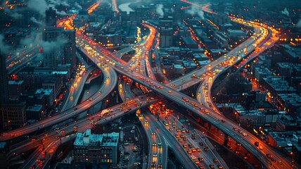 Rush hour on urban highways with glowing trails of traffic at twilight