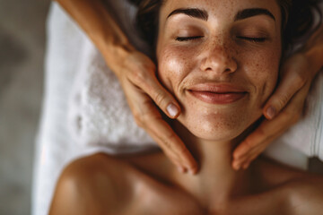 A closeup portrait of an attractive woman in her late thirties, smiling and relaxing while receiving a facial massage at a spa salon. A white towel is on her shoulders. Soft light illuminates her skin