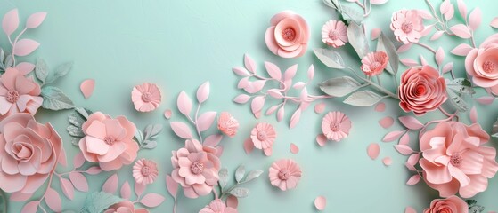 An artistic rendition of pastel paper flowers rendered in 3D, a pink mint floral background applied in digital, an Easter backdrop, a Mother's day greeting card using page corner design elements, an