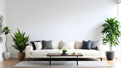 Fototapeta na wymiar Bright and cozy modern living room interior have sofa and plant with white wall