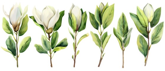 An illustration of a magnolia tree with green leaves isolated on a white background, with elements of spring nature. - obrazy, fototapety, plakaty