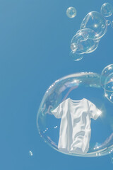 White T-Shirt Floating in Soap Bubbles Against a Clear Blue Sky