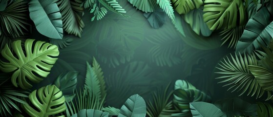 An animated 3D render of tropical paper leaves and a green forest background in a jungle environment - obrazy, fototapety, plakaty