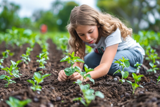 A young girl carefully planting a young plant in soil, gardening outdoors