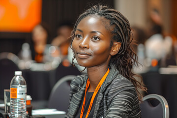 A young African woman with braided hair and wearing a stylish jacket is attending a professional event