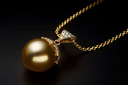 a gold necklace with a pearl and diamonds