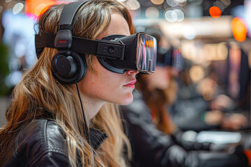 A woman immersed in VR with headphones on, in a crowded place, exploring a digital world beyond her immediate surroundings - obrazy, fototapety, plakaty