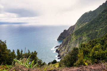 The photo depicts a steep, green mountainside in Madeira, sloping down to the blue sea. Waves crash...