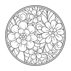 Outline round flower pattern in mehndi style for coloring book page. Antistress for adults and children. Doodle ornament in black and white. Hand draw vector illustration.