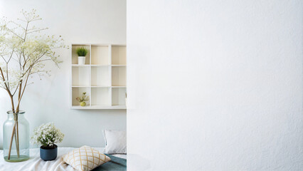 Minimalist interior with white walls, a window, and a view of the sky