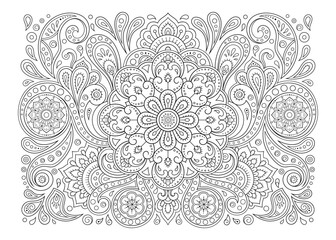 Outline floral pattern in mehndi style for coloring book page. Antistress for adults and children. Doodle ornament in black and white. Hand draw vector illustration.