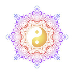 Color Circular pattern in form of mandala with ancient hand drawn symbol Yin-yang for decoration. Decorative ornament in oriental style. Rainbow design on white background.