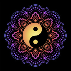 Color Circular pattern in form of mandala with ancient hand drawn symbol Yin-yang for decoration. Decorative ornament in oriental style. Rainbow design on black background.