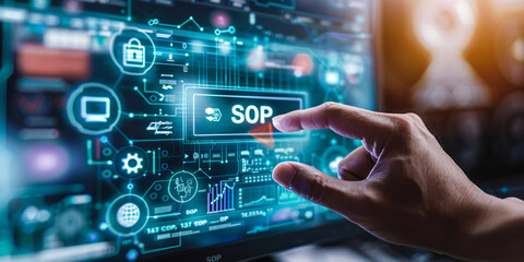 Fototapeta premium Professional uses holographic displays to visualize & manage business operations, processes, performance metrics through interactive Standard Operating Procedures SOP, approval, tasks, data analytics