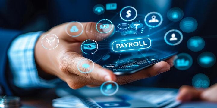 Payroll technology concept, integrated smart solutions for efficient employee compensation management, modern interfaces with icons representing automation, analytics, compliance, and support services