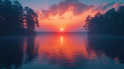 Foto op Plexiglas Beautiful sunset over lake, water, landscape, summer, blue, cloud © antkevyv