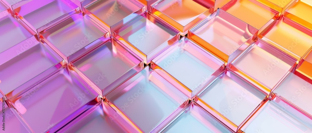 Poster a 3d render of an abstract geometric background and a translucent glass with a color gradient.