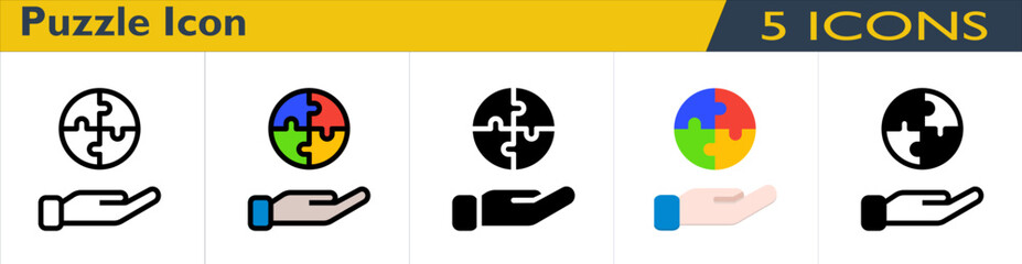 Puzzle icon with 5 styles (outline, color lineal, solid, color and mixed)