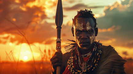 an African warrior holding his wooden spear, wearing traditional Maasai attire with red and black necklaces around the collar