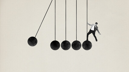 Contemporary art collage. Concentration. Man in smart casual clothes trying to balance on pendulum. Minimalist design. Monochrome. Concept of motivation, professional growth, goal, aim, business, ad