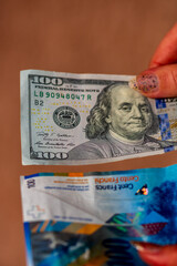 Obraz na płótnie Canvas Mix of world currency banknotes: USD, EURO, CHF, LEI