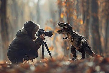 man as a nature photographer missing the moment when a furry epic T-Rex in feather,generative ai