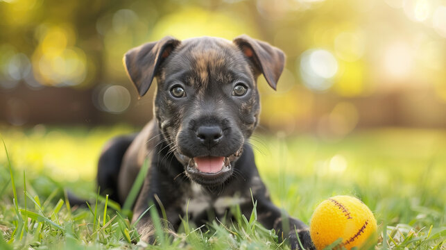 Cute puppy playing with ball in park, canine, small, young animal, summer, domestic animals