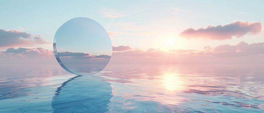 This fantasy scene wallpaper has a 3D render, abstract minimalist background, nordic futuristic landscape, calm water around a round mirror disk, blue gradient sky and a pastel blue background.
