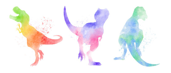 Tyrannosaurus rex dinosaurs . Colorful silhouette watercolor painting style . Set 1 of 5 . Illustration .