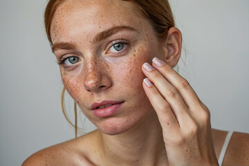 Portrait of woman face with freckles touching skin by hand on white background