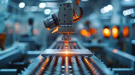 Robot welding metal part in factory, engineering, manufacturing, manufacturing equipment, automated, steel - obrazy, fototapety, plakaty